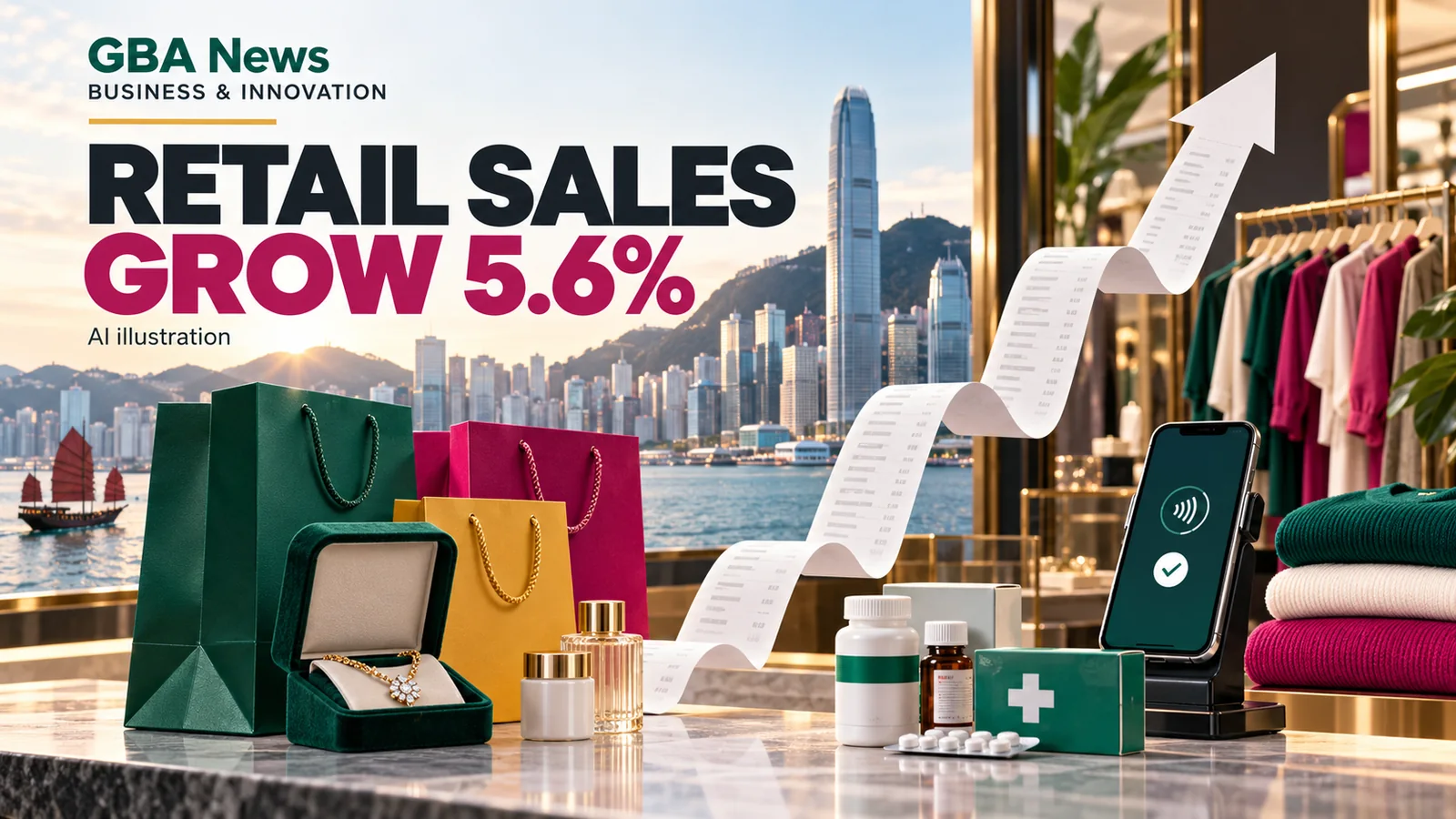 Editorial illustration of Hong Kong shopping bags, retail goods, a receipt and mobile checkout.