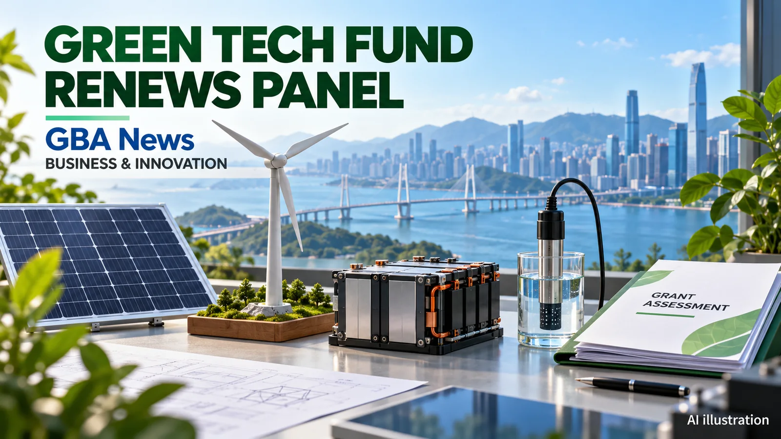 Editorial illustration of solar, wind, battery and water-sensor technologies on a grant assessment workbench.