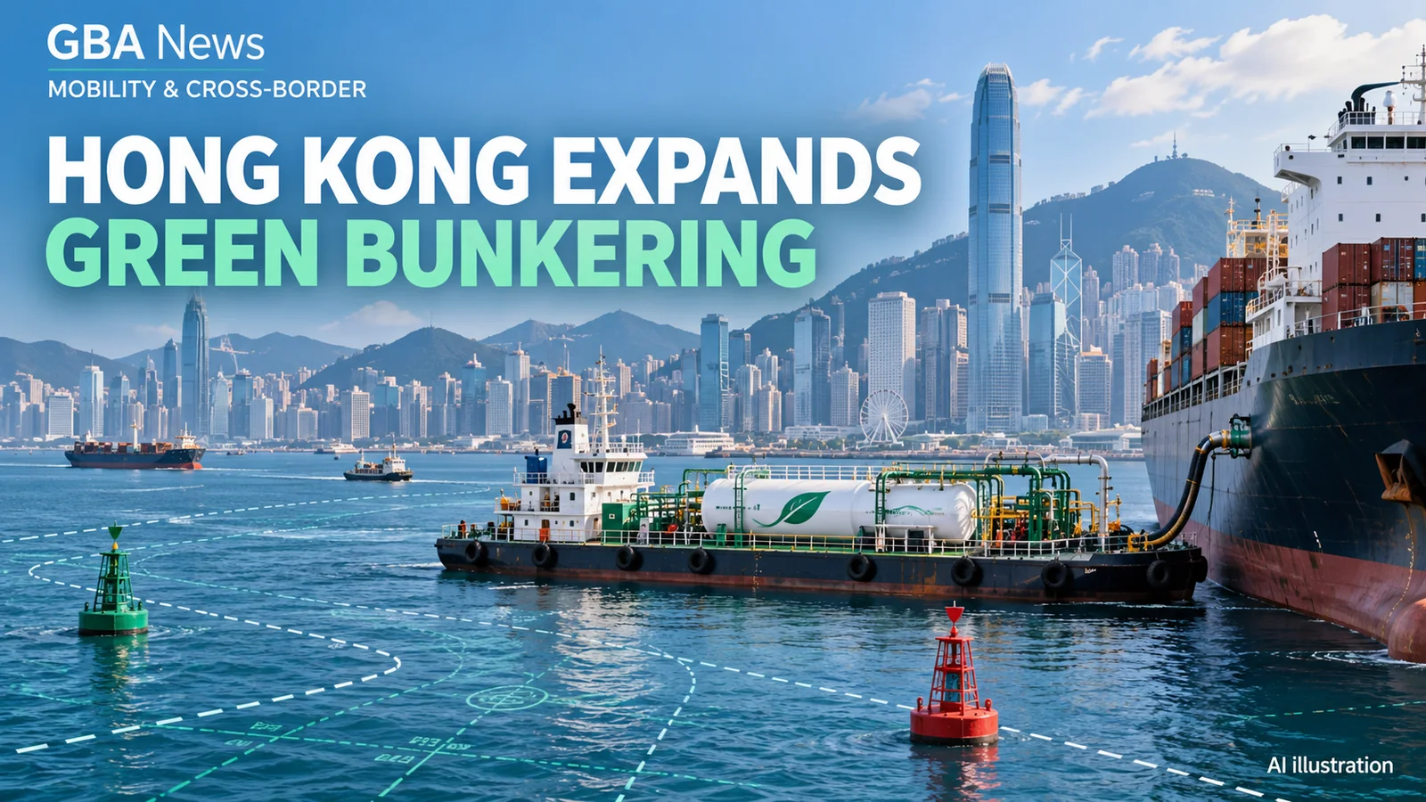 Editorial illustration of a cargo vessel receiving low-carbon marine fuel at a Hong Kong anchorage.