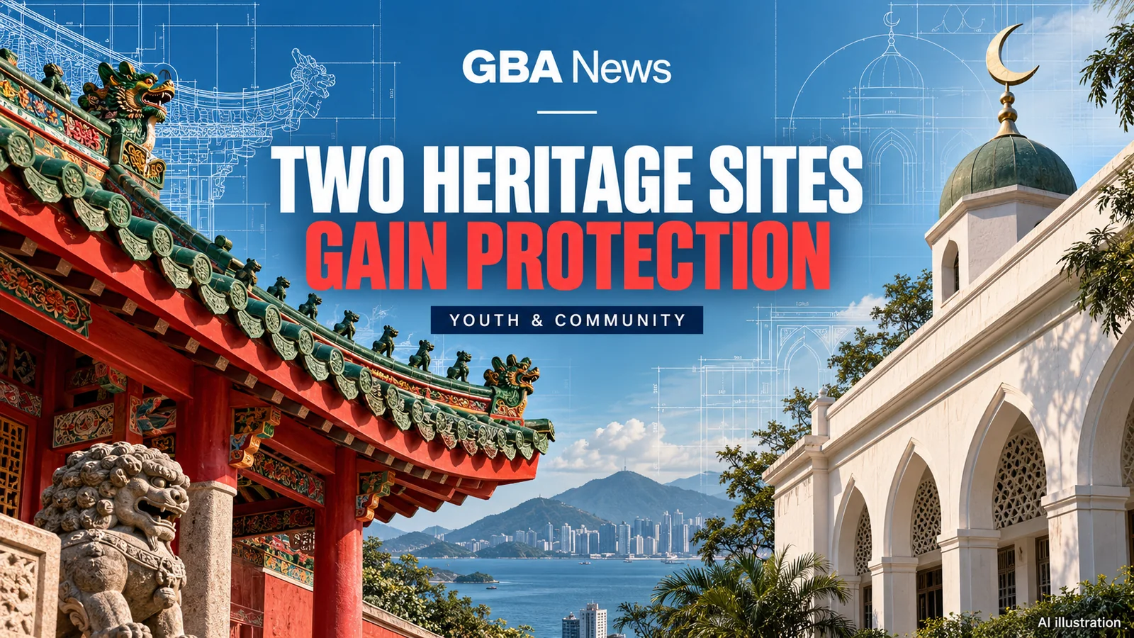 Editorial illustration of Hung Shing Temple roof details and Stanley Mosque architecture in Hong Kong.