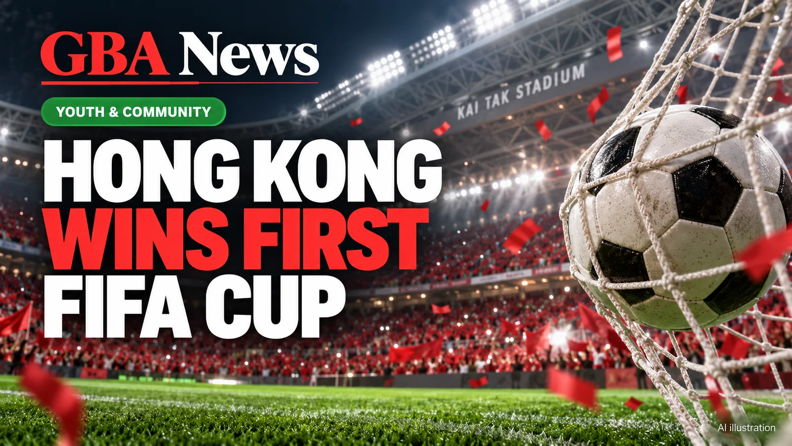 AI editorial illustration of a football, goal net and Kai Tak Stadium floodlights celebrating Hong Kong's cup title.