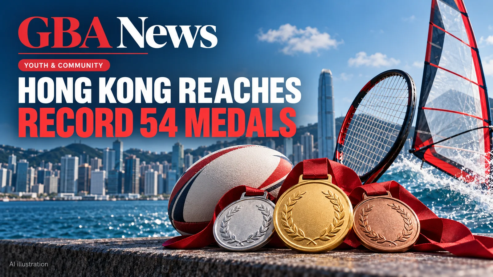 AI editorial illustration of medals, a rugby ball, tennis racket and iQFoil sail representing Hong Kong's record Asian Games tally.