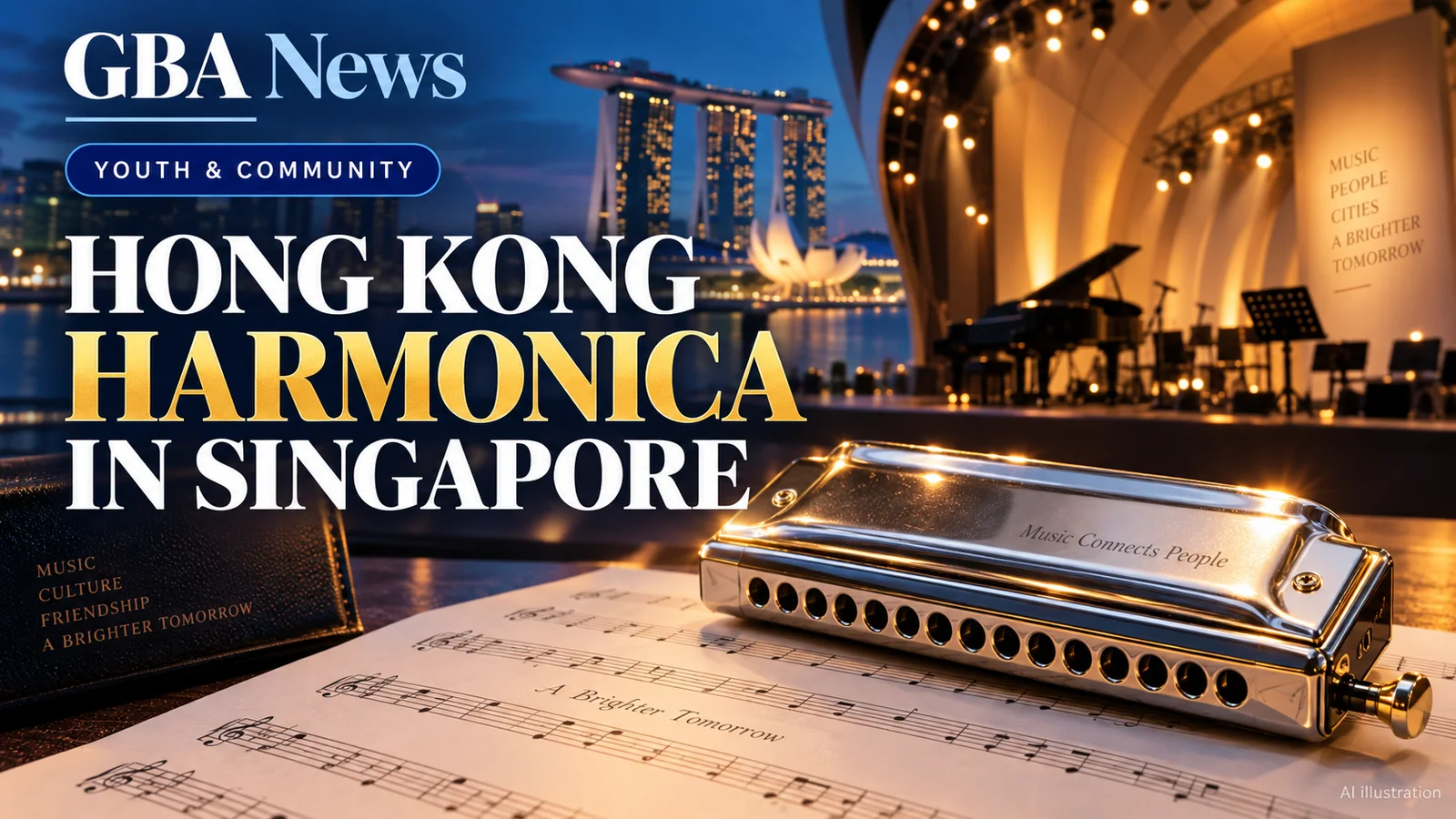 AI editorial illustration of a chromatic harmonica, concert lights and sheet music representing Hong Kong-Singapore music exchange.