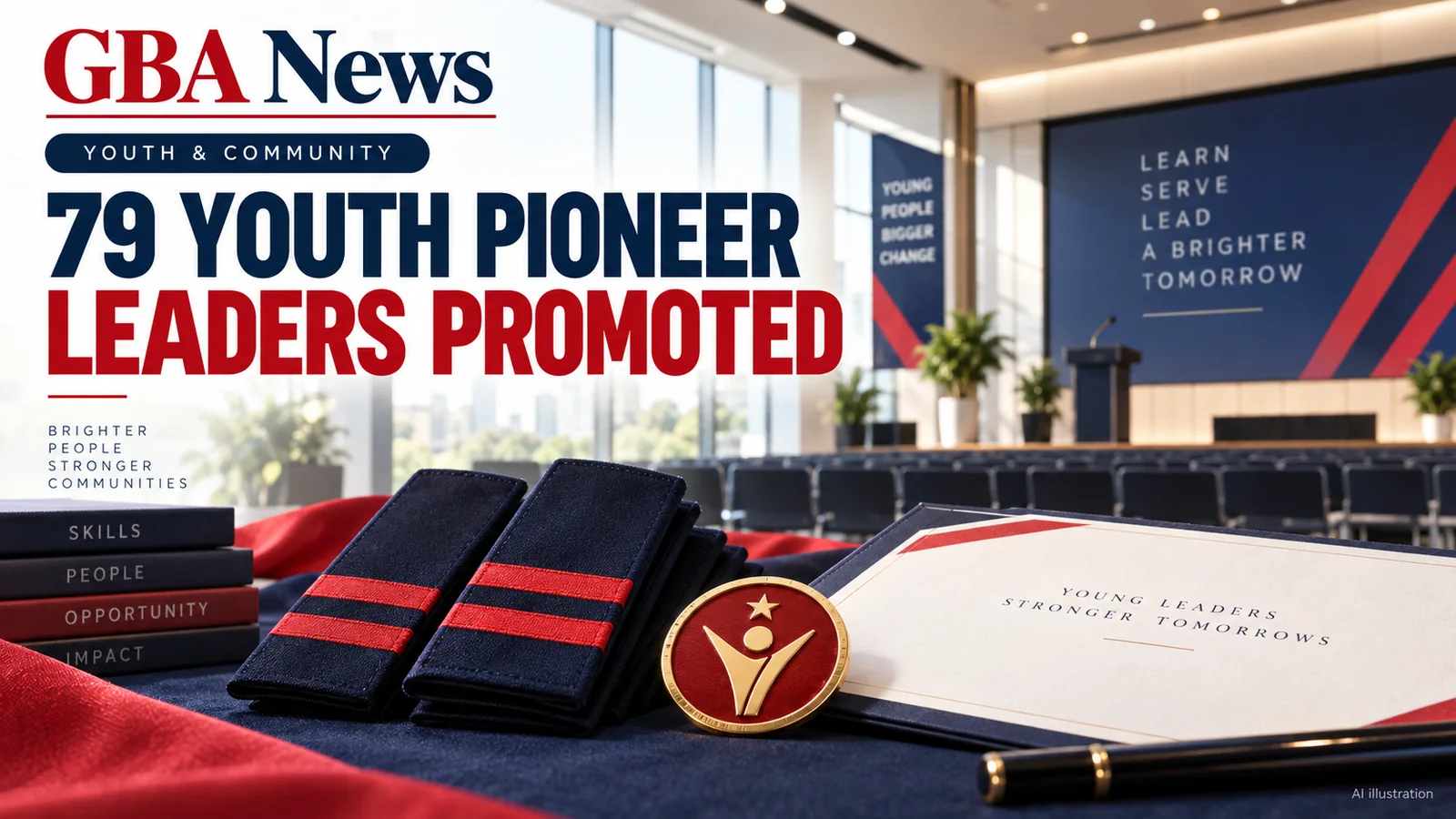 AI editorial illustration of leadership badges, rank stripes and a certificate in a youth training hall.