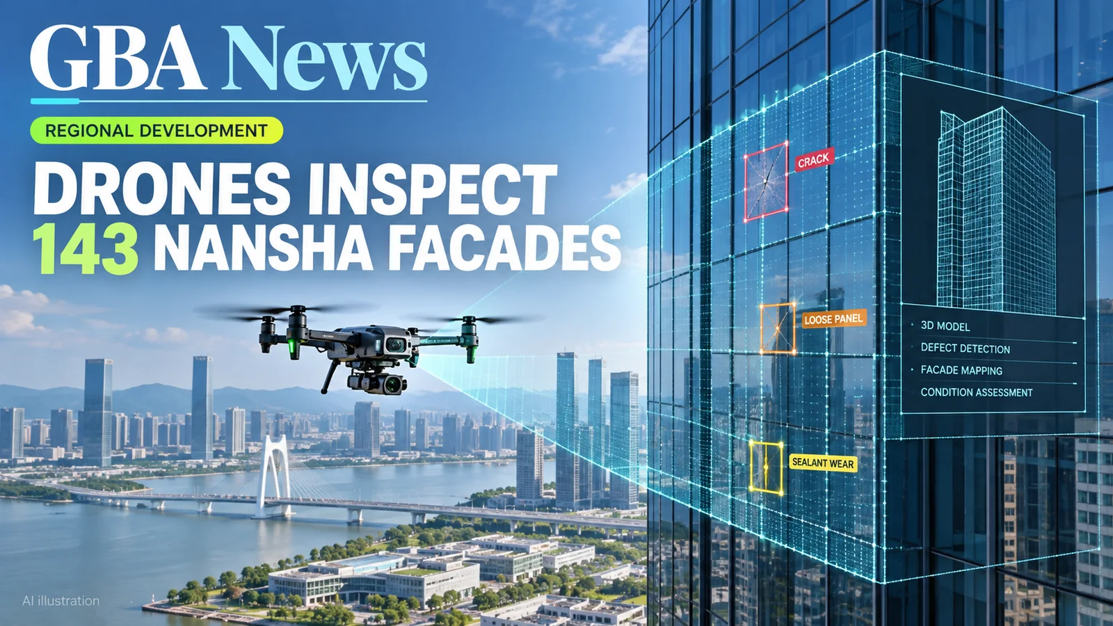 AI editorial illustration of a survey drone scanning a glass facade with a 3D building model and inspection markers.