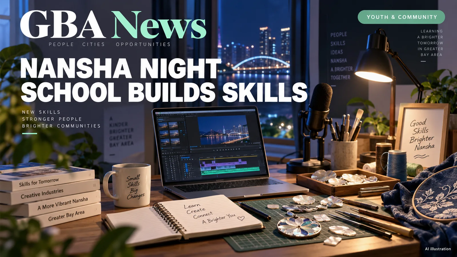 AI editorial illustration of a night-school desk with a laptop, notebook, video-editing controls and traditional craft tools.