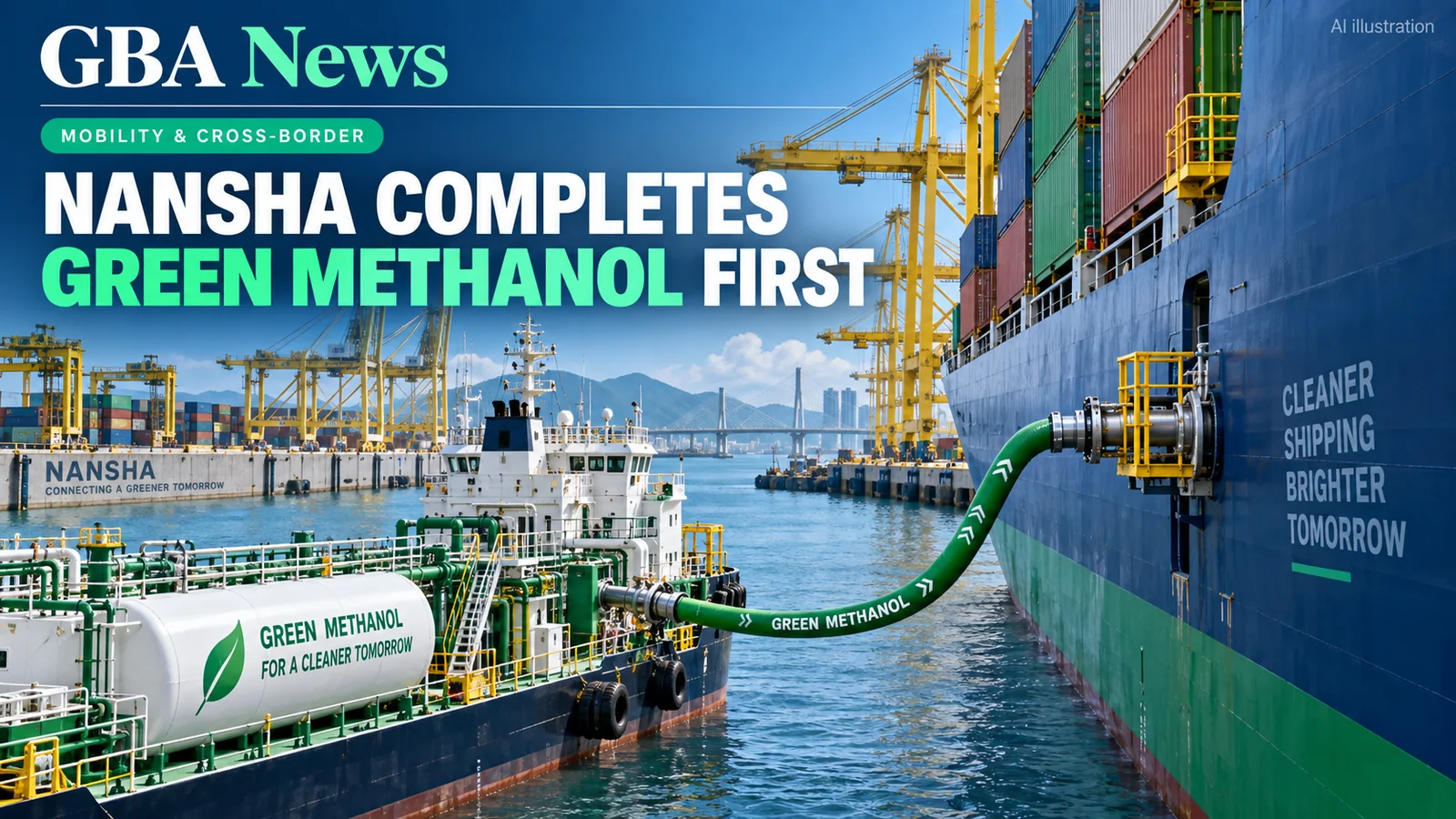 AI editorial illustration of a methanol bunker vessel supplying a container ship beside Nansha port cranes.