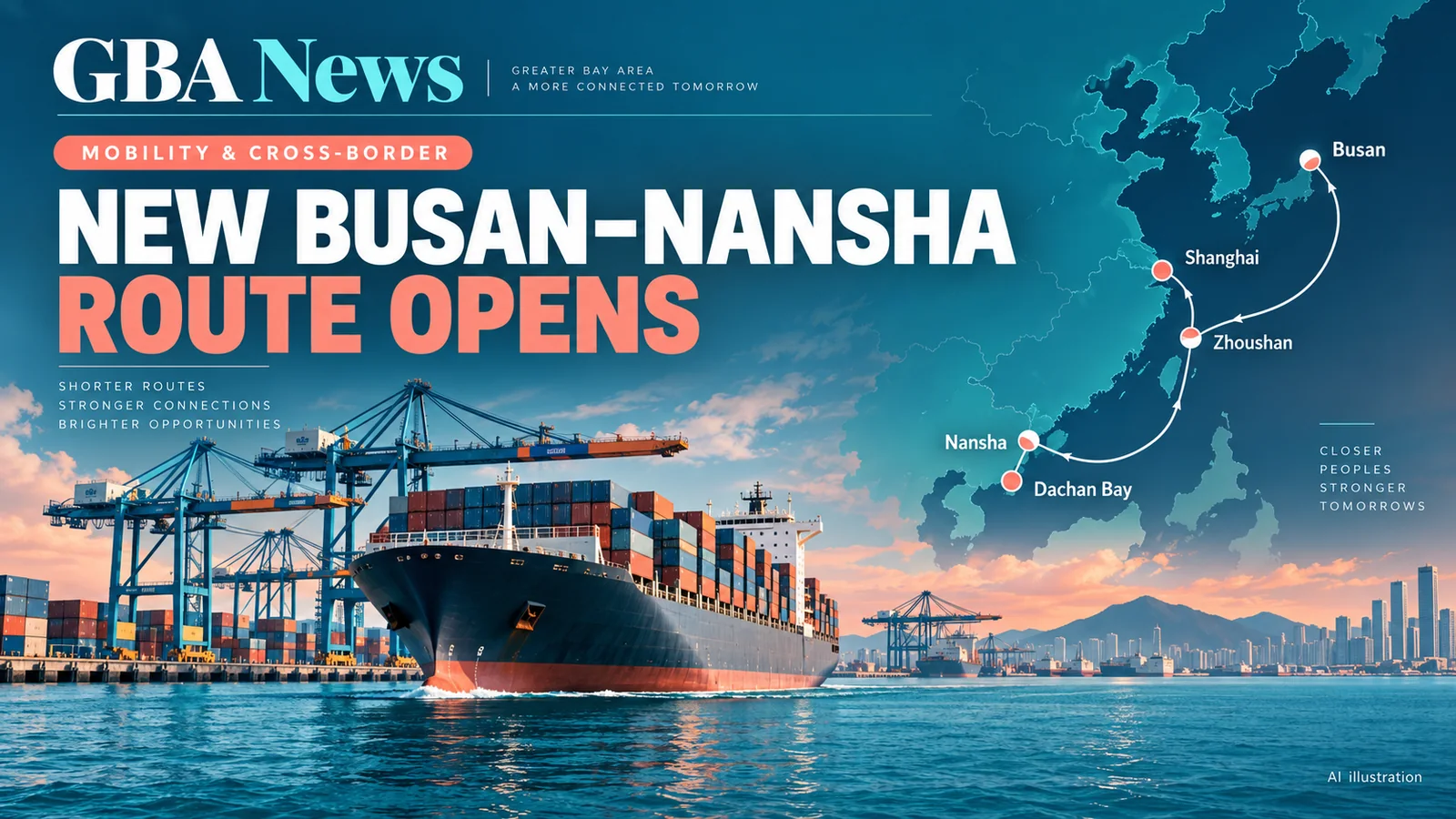AI editorial illustration of a container ship, port cranes and a route map linking Busan, Shanghai, Zhoushan, Nansha and Dachan Bay.