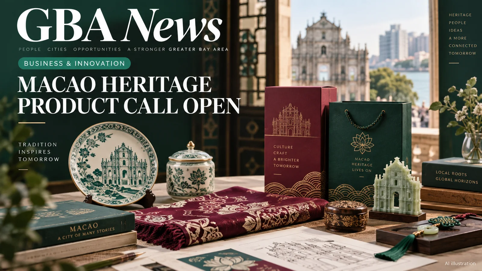 AI editorial illustration of Macao heritage-inspired product prototypes including ceramics, textiles and premium packaging.