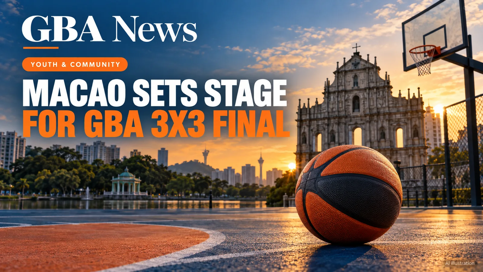 AI editorial illustration of a 3x3 basketball, outdoor court and Macao landmark silhouettes for the GBA tour final.