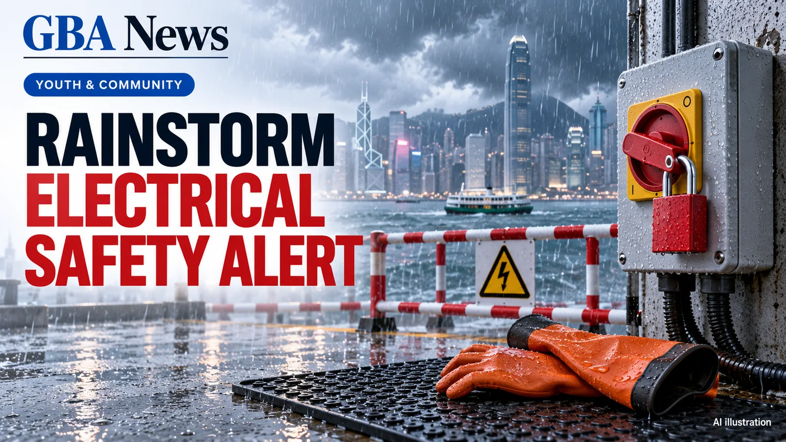 AI editorial illustration of a locked electrical isolation switch, insulated safety equipment and rain behind a workplace barrier.
