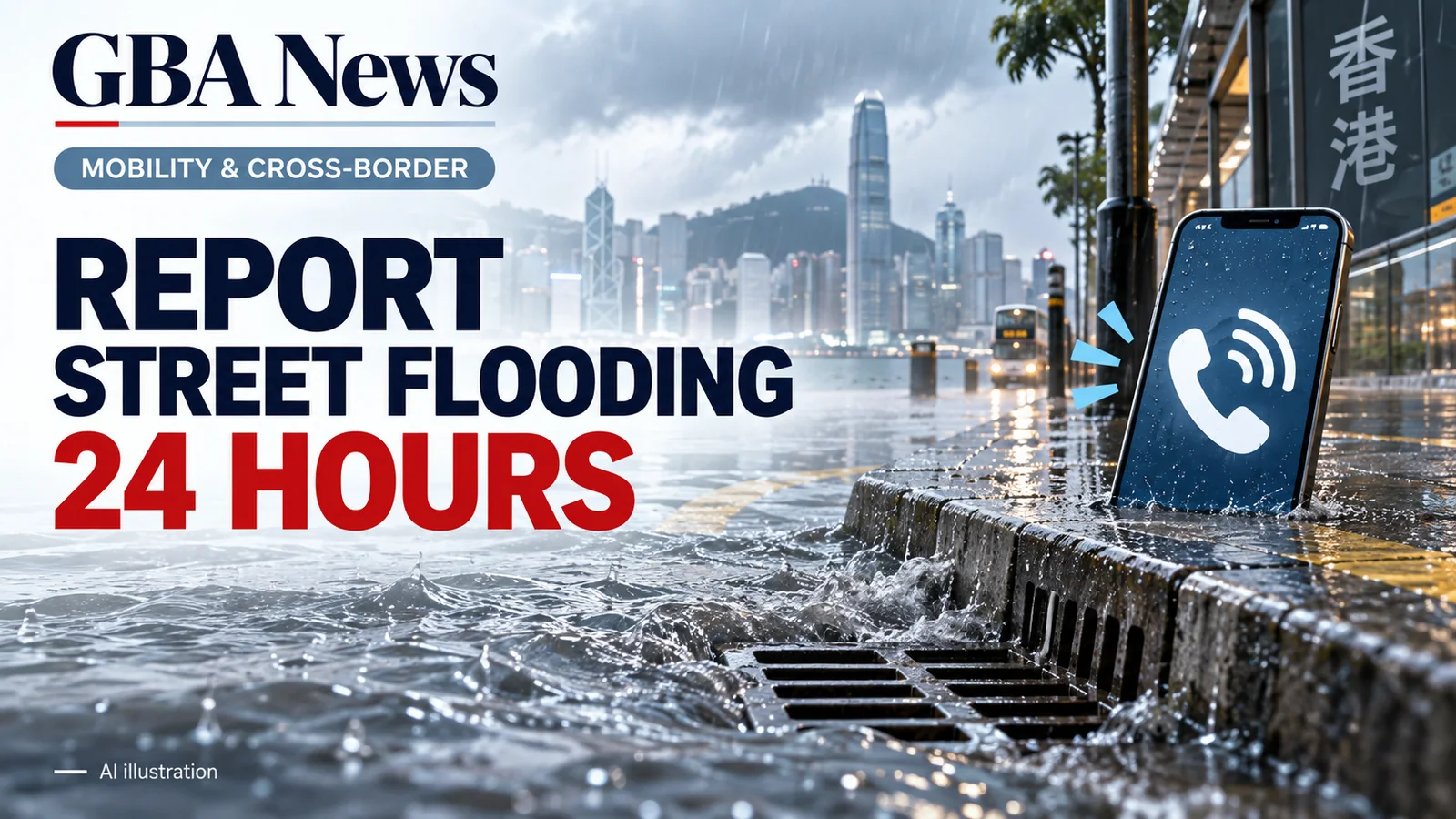 AI editorial illustration of a flooded Hong Kong street curb, drainage grate and telephone reporting symbol during heavy rain.