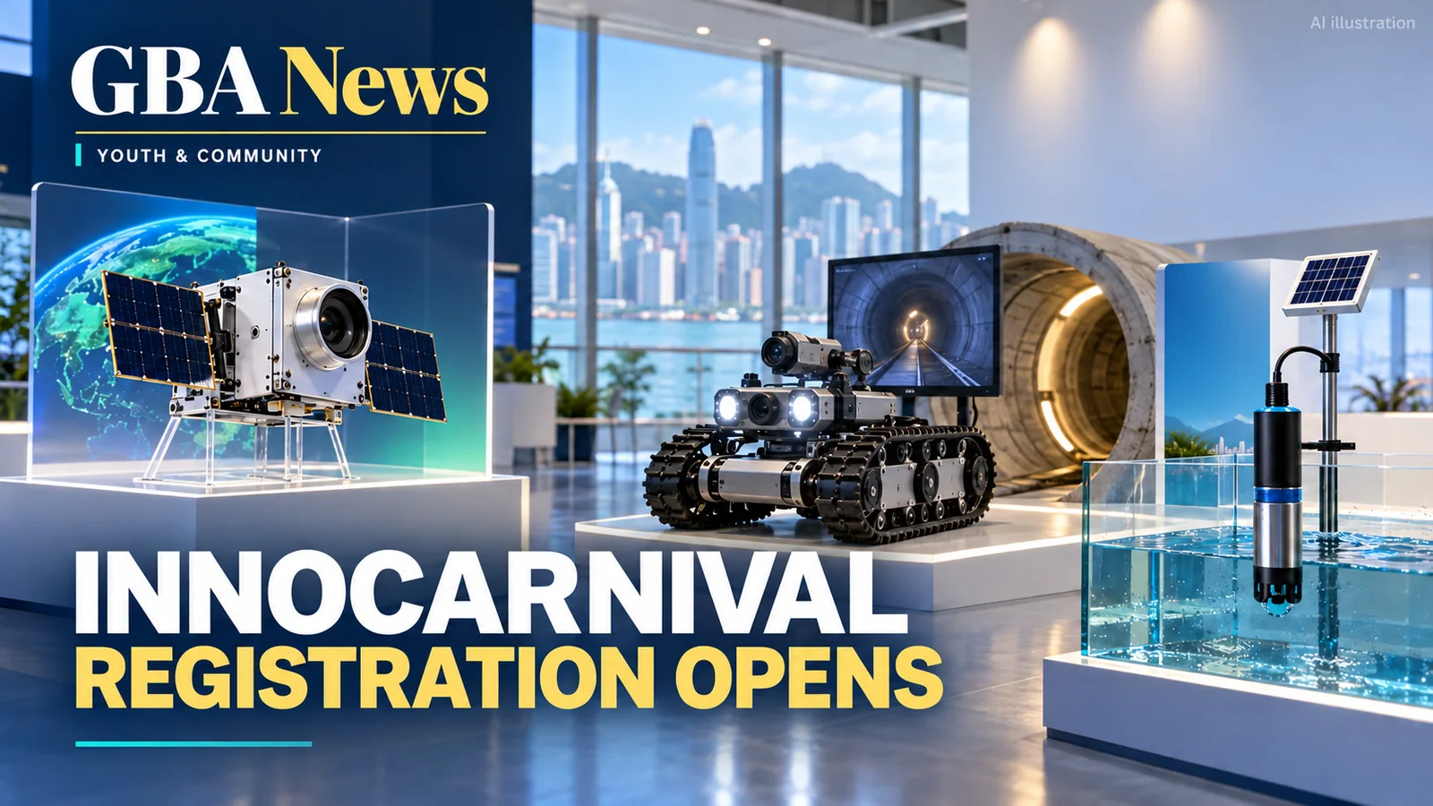 AI editorial illustration of a space instrument, tunnel inspection robot and water sensor arranged as InnoCarnival exhibits.