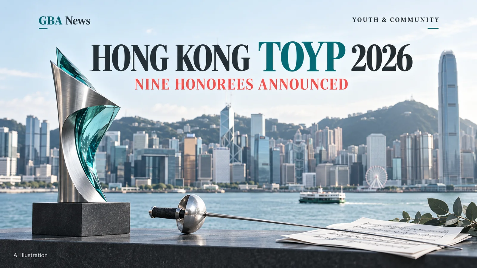 AI illustration of an abstract teal and silver award sculpture, fencing foil and sheet music overlooking Hong Kong harbour; Hong Kong TOYP 2026: Nine honorees announced.