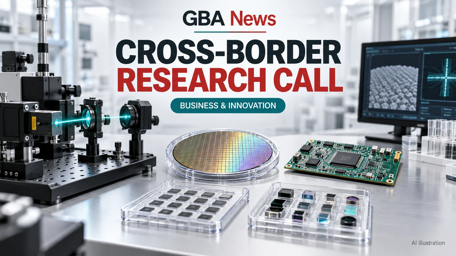 AI illustration of photonics instruments, a silicon wafer and circuit boards on a research workbench