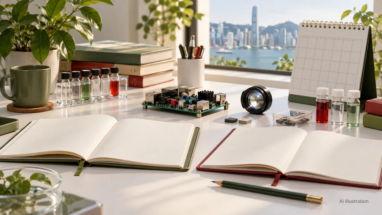 AI illustration of research planning notebooks, prototype electronics and an unnumbered calendar