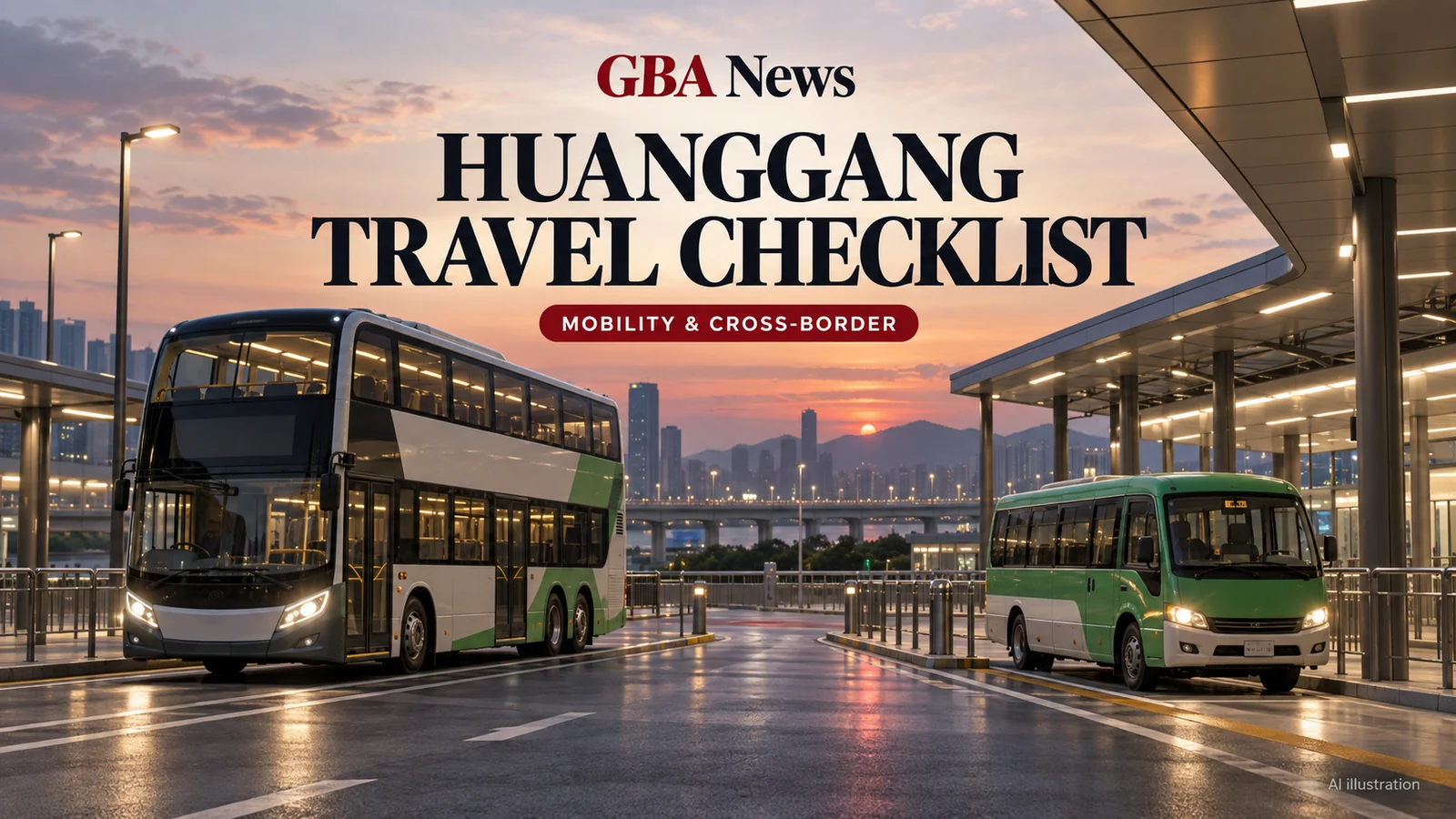 AI illustration of a generic bus and minibus interchange at dusk, not the actual Huanggang Port layout