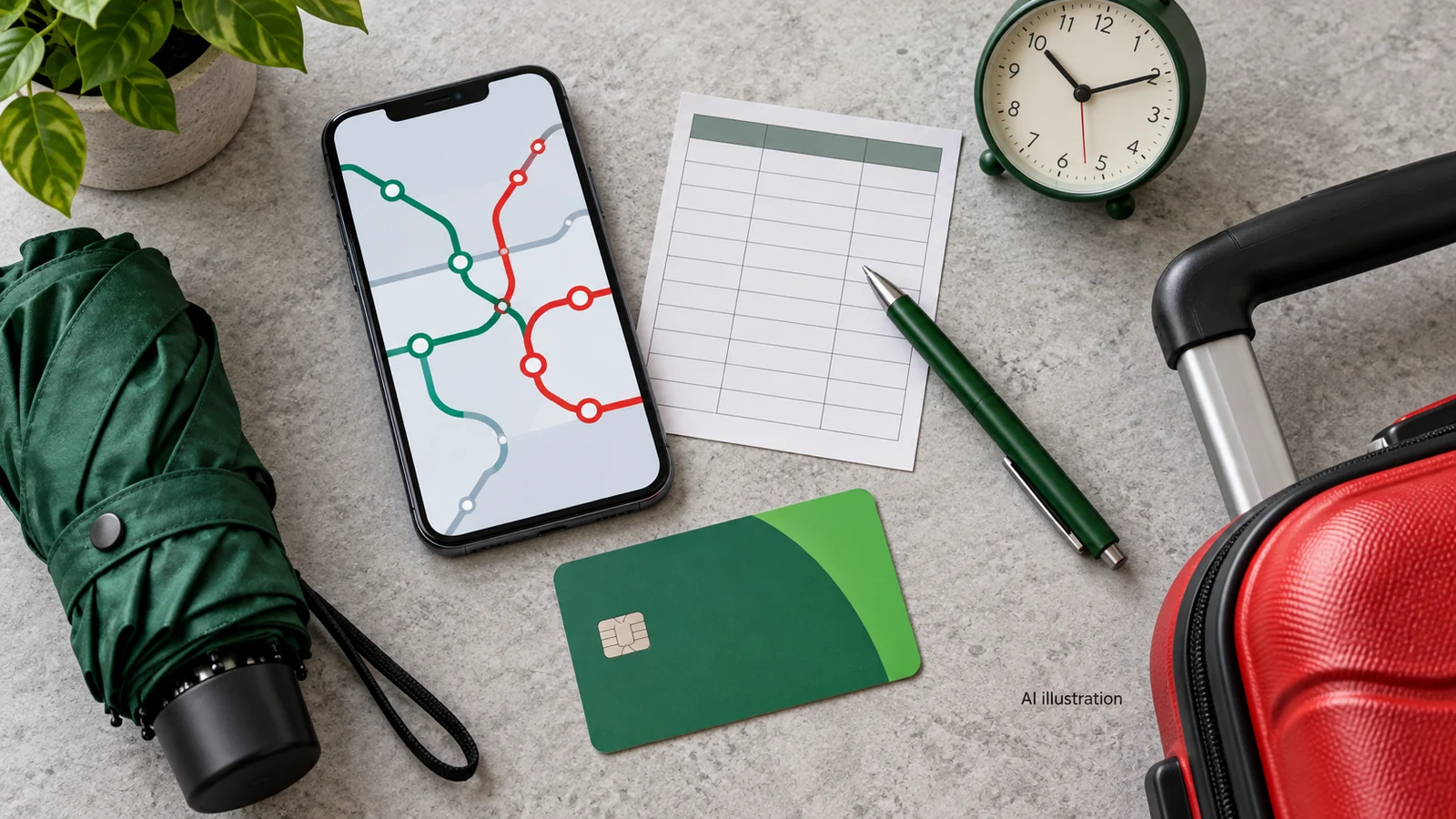AI illustration of a phone with abstract transit lines, a blank timetable, clock and travel objects