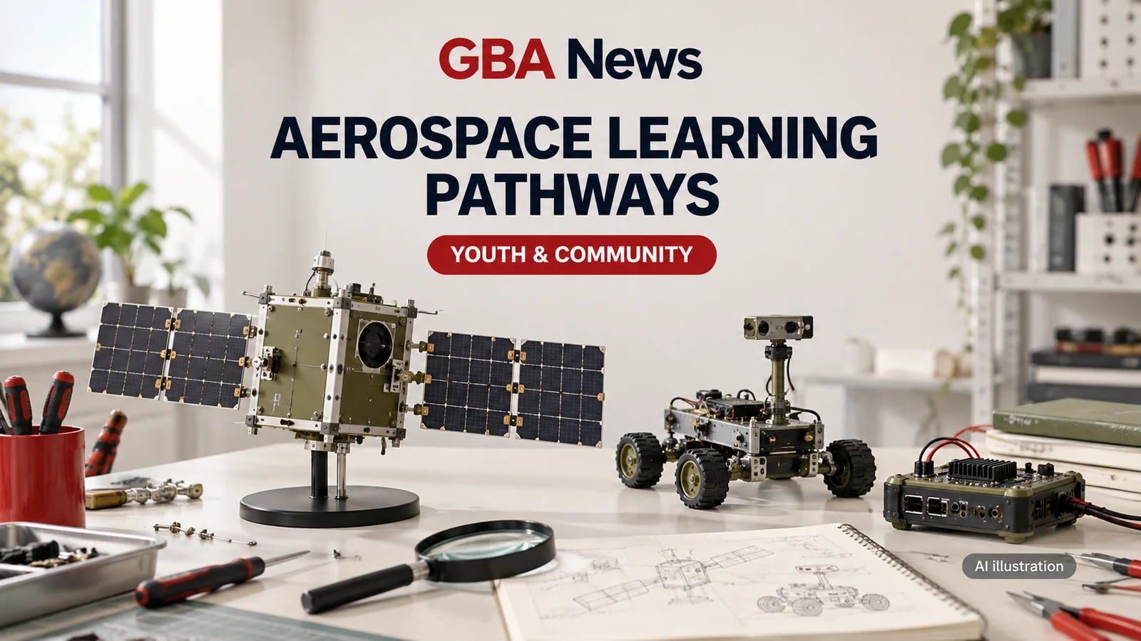 AI illustration of a satellite model, rover and robotics equipment on an empty school engineering workbench