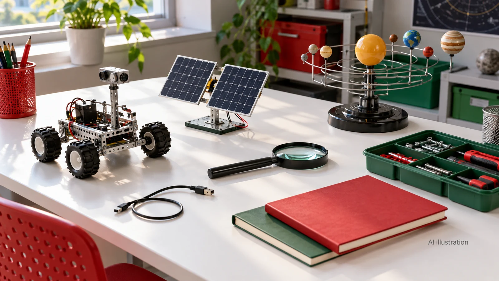 AI illustration of a rover kit, solar panels, planetary model and tools for science learning