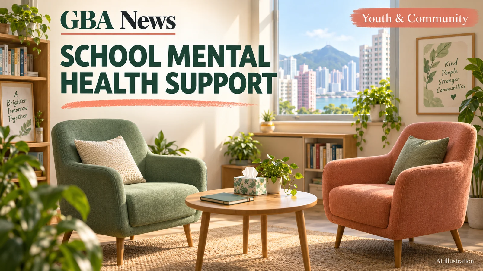 AI illustration of a welcoming school counselling room with chairs, a notebook and plants
