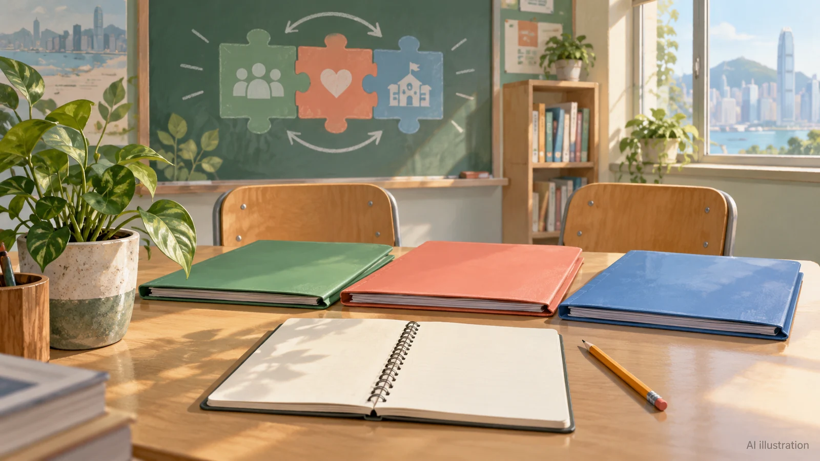 AI illustration of folders and an open notebook representing coordinated student support