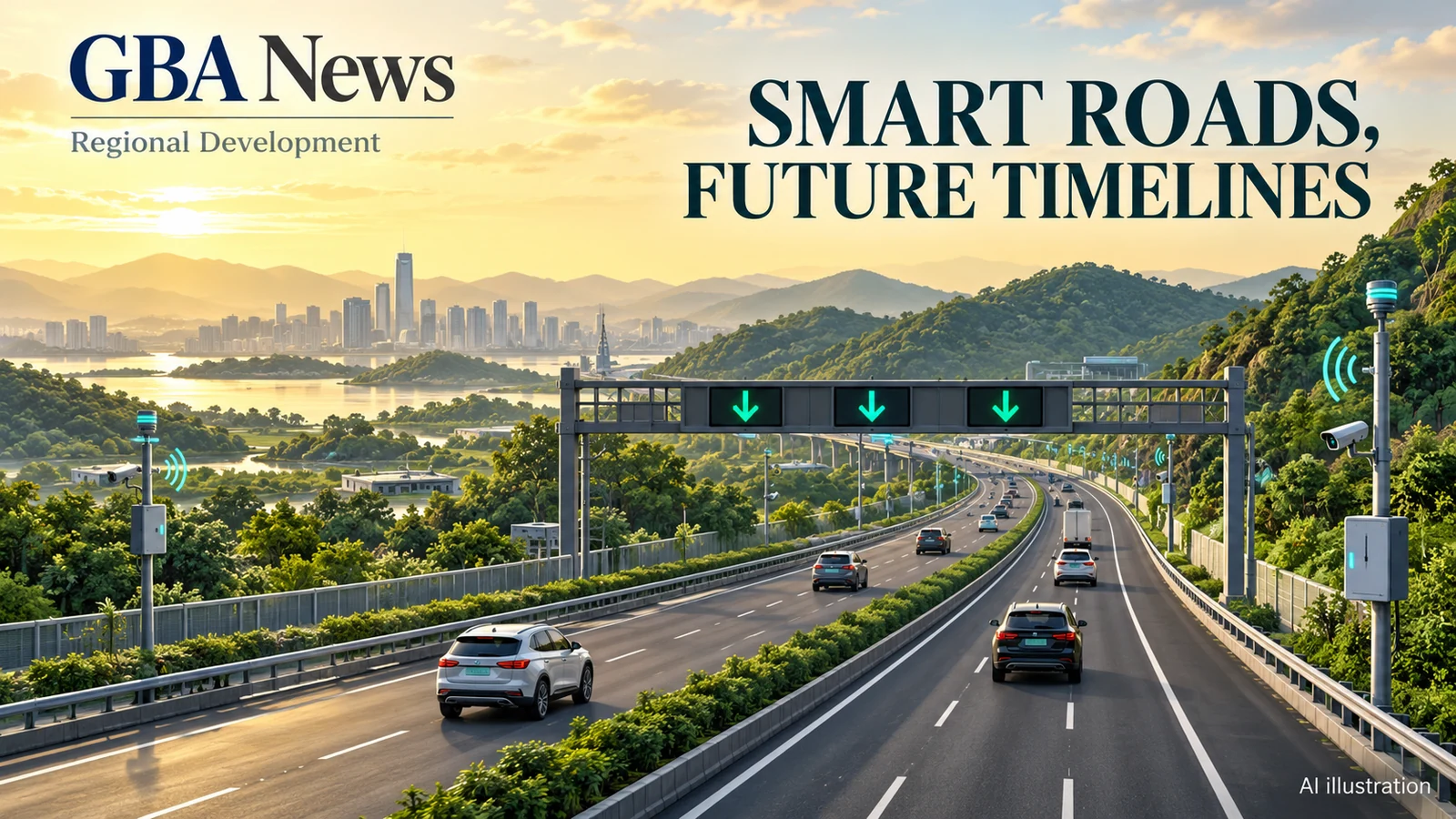 AI illustration of a conceptual smart motorway with lane-control gantries and traffic sensors