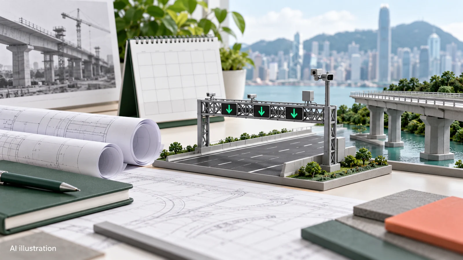 AI illustration of a miniature road gantry, engineering plans and a blank calendar on a planning desk