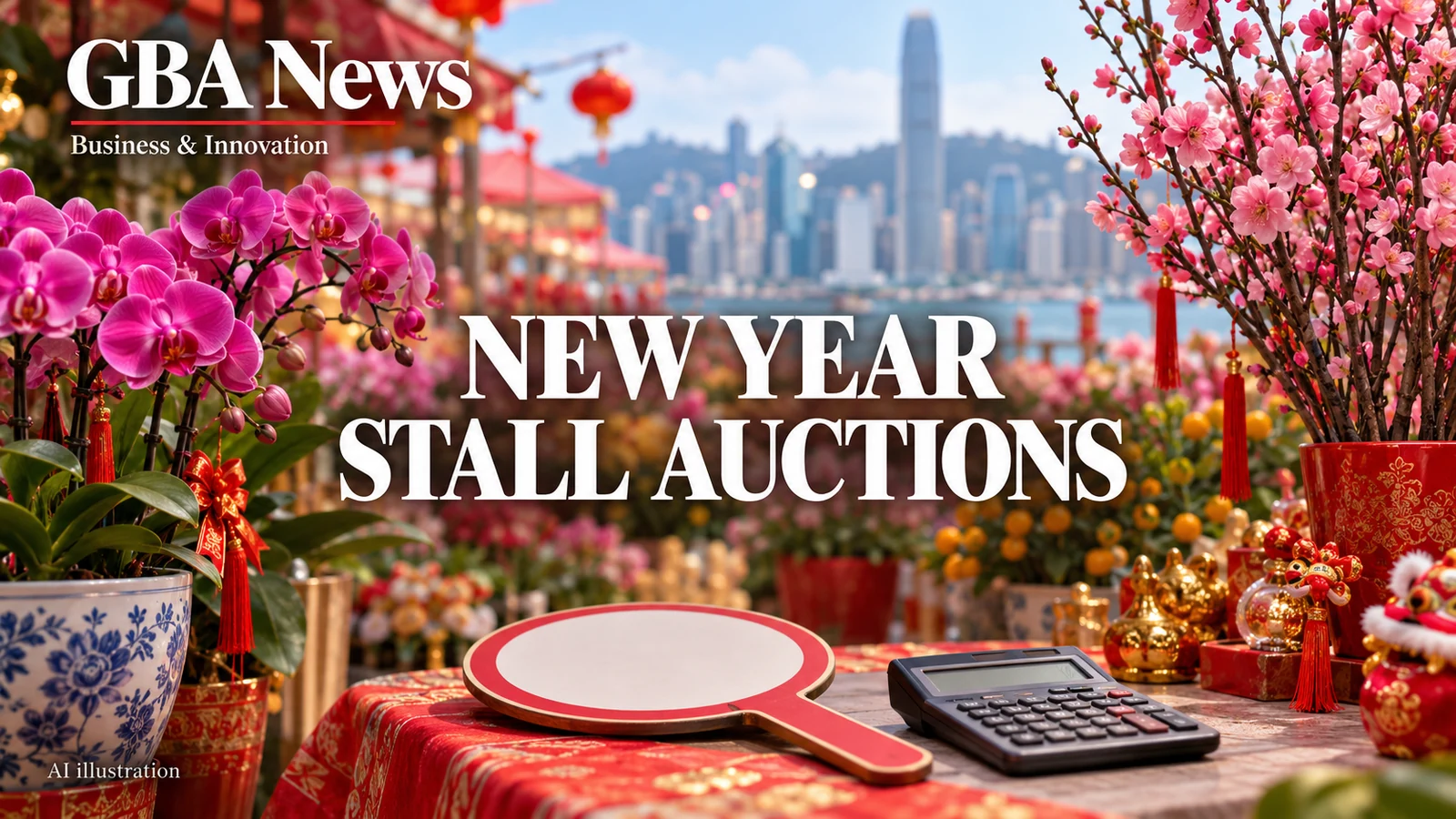 AI illustration of flowers, festive objects, an empty bidding paddle and calculator at a conceptual New Year stall