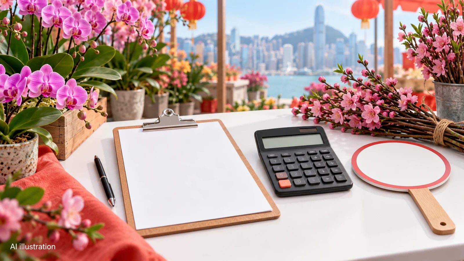AI illustration of a blank planning clipboard, calculator, flowers and auction paddle