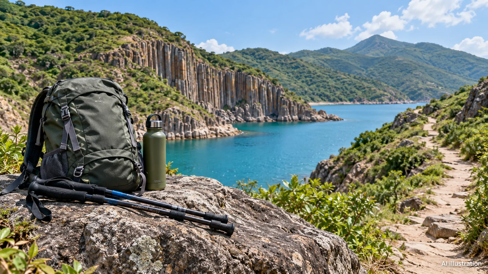 AI illustration of hiking equipment beside a Sai Kung-inspired reservoir and volcanic columns
