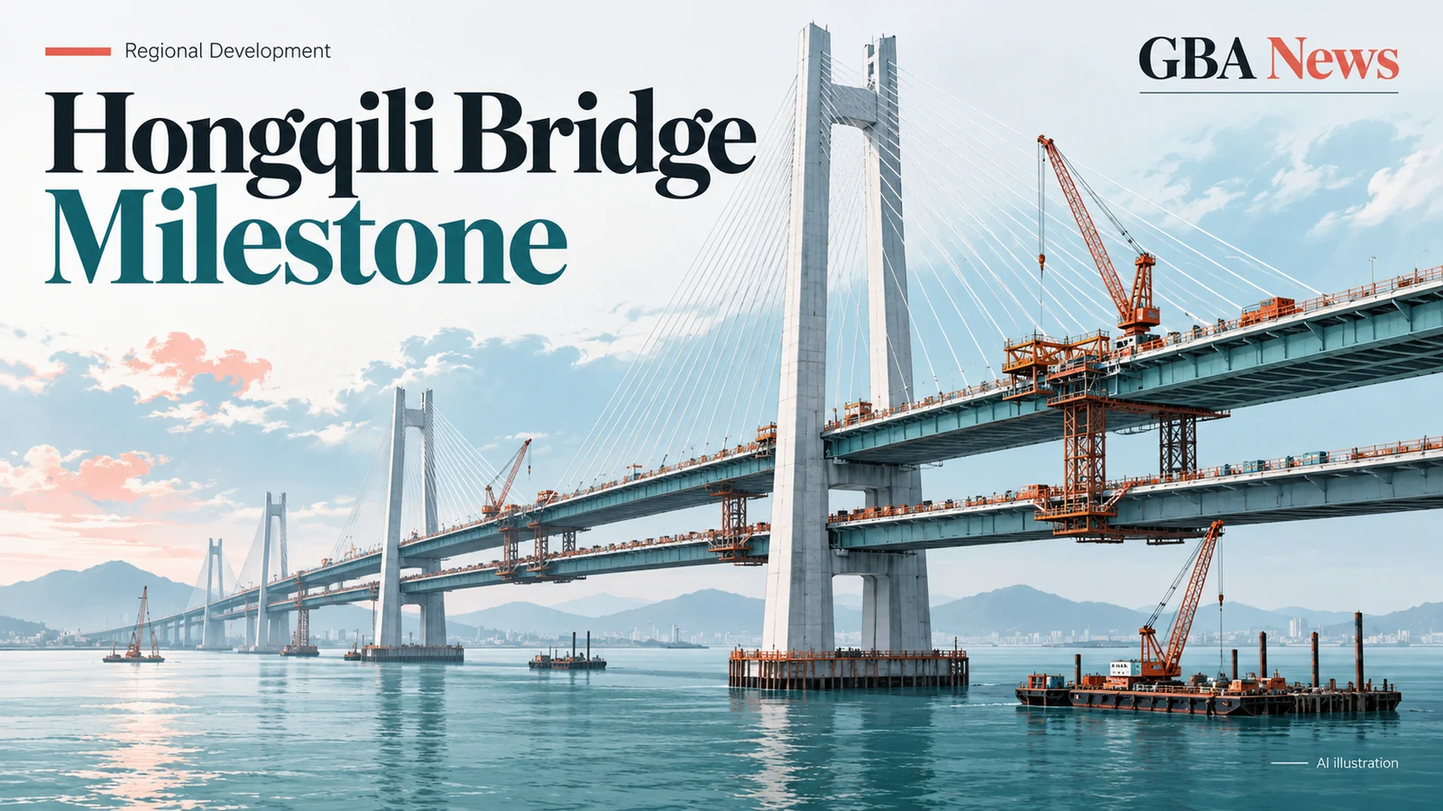 AI-generated editorial illustration for Hongqili bridge closure marks progress on Nansha's rail link, not an opening