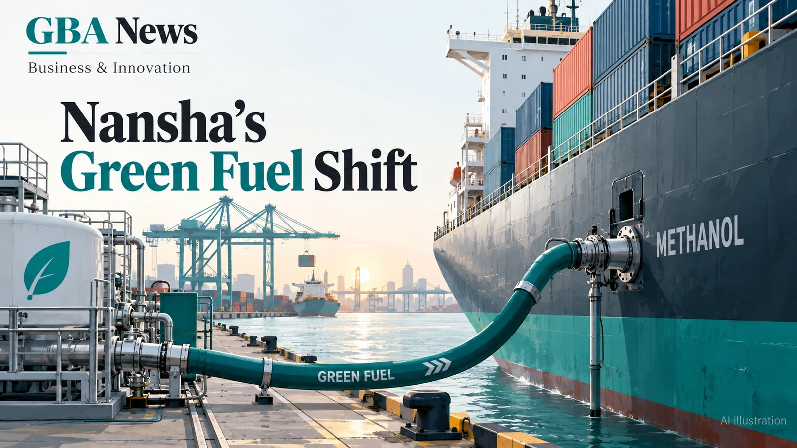 AI-generated editorial illustration for Nansha reports green-methanol bunkering alongside cargo operations