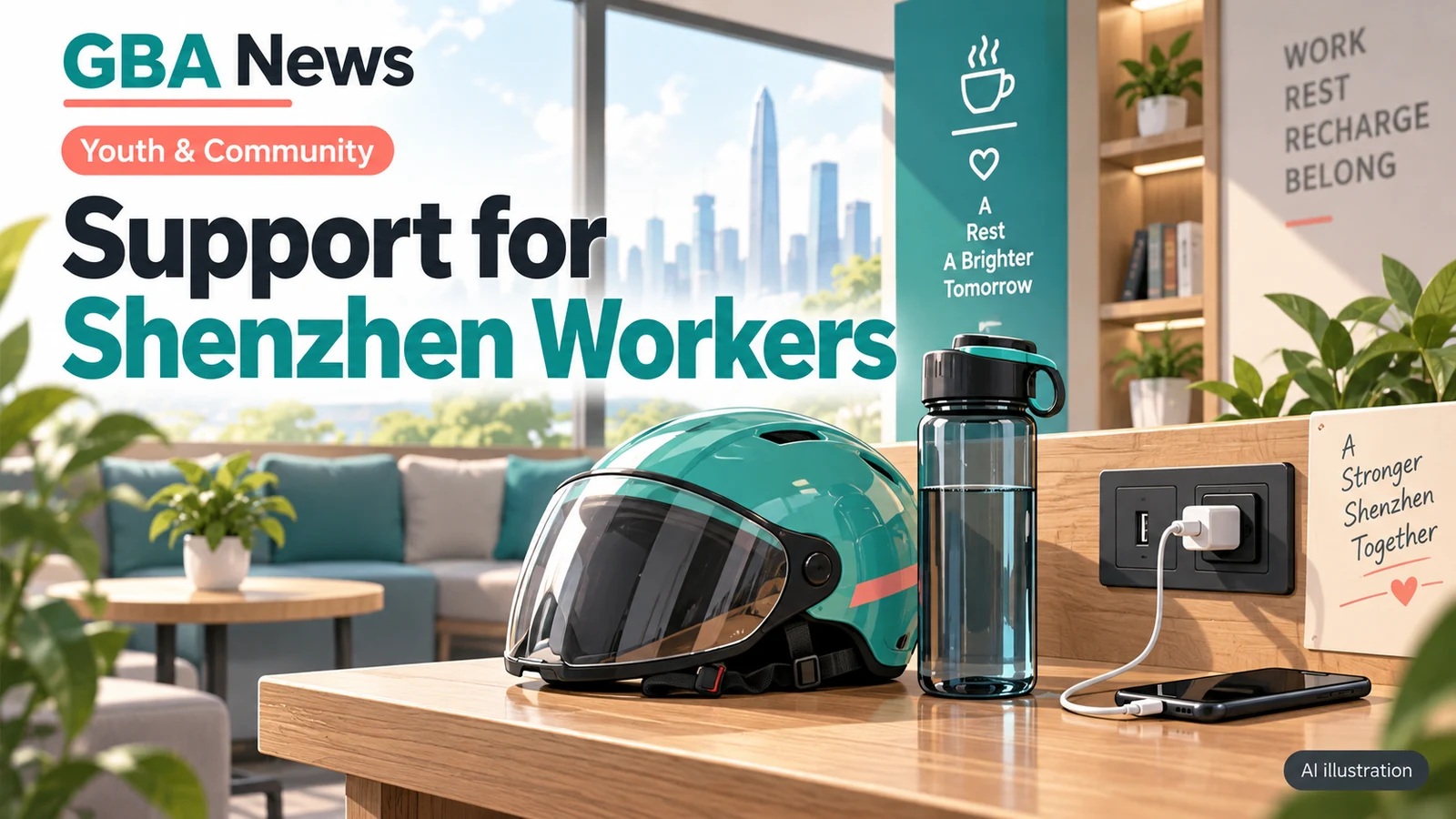 AI-generated editorial illustration for Shenzhen's October worker-service month includes rest points and skills support