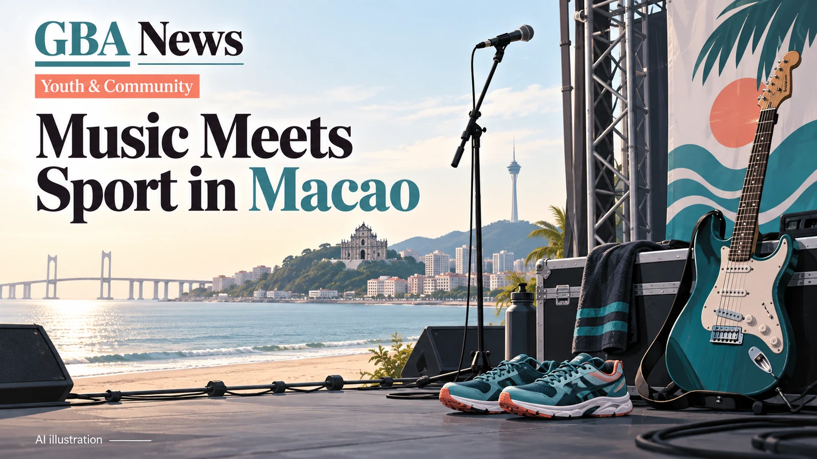 AI-generated editorial illustration for Macao's hush! beach concerts combine music and urban sports on 14-15 November