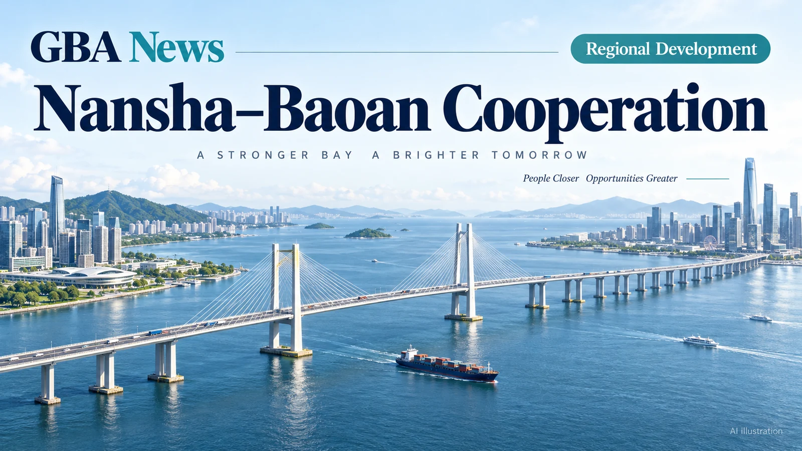 AI illustration of an estuary bridge and connections between Nansha and Baoan