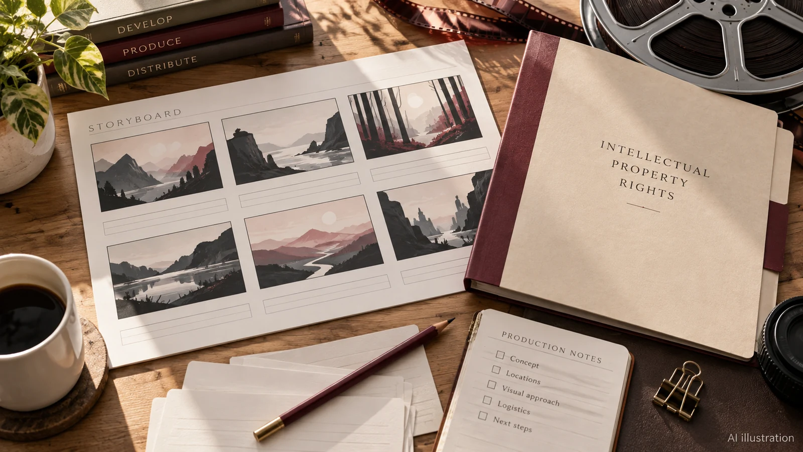 AI illustration of a storyboard, rights folder and film-project materials