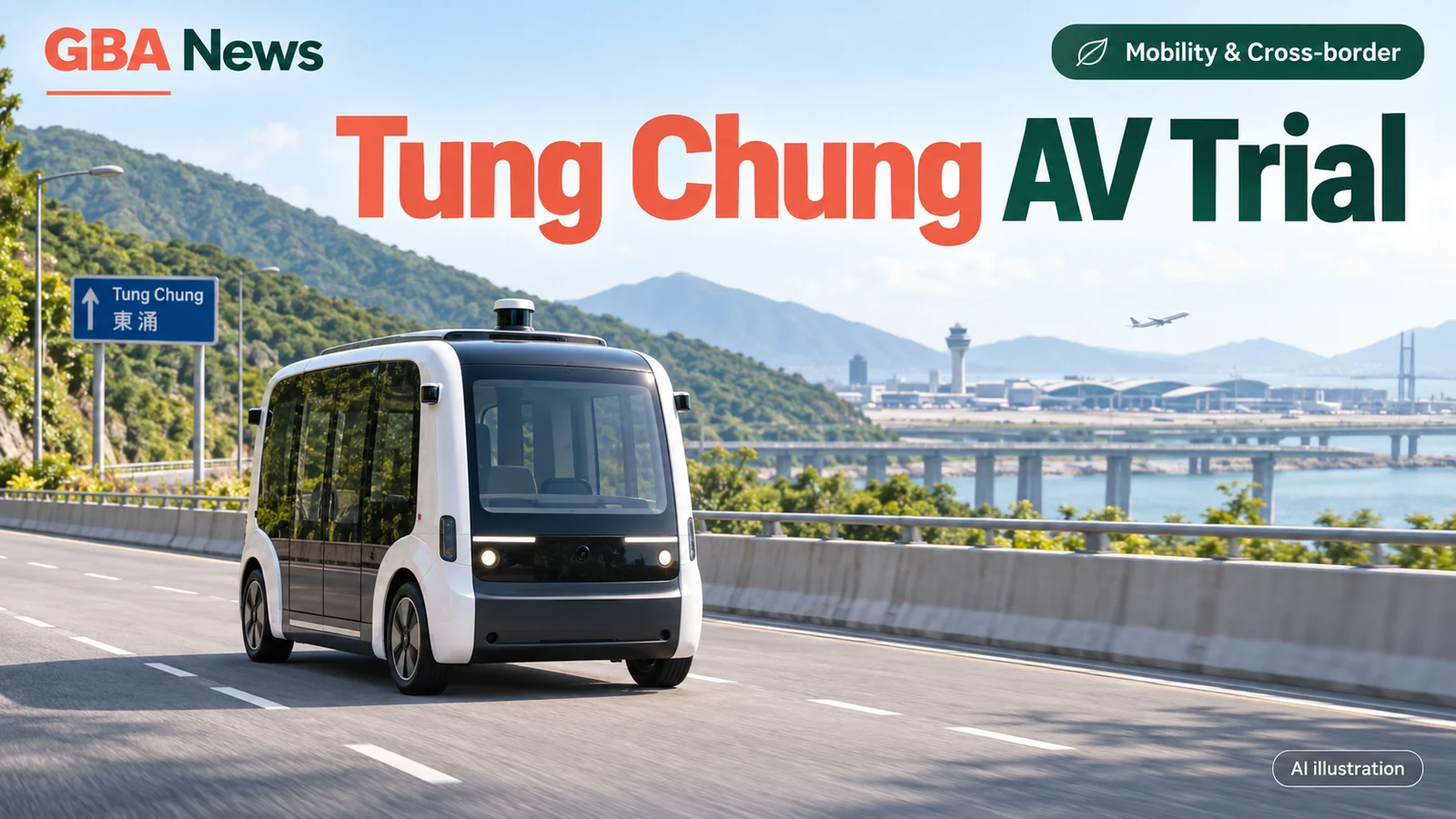 AI illustration of an autonomous vehicle on a North Lantau-inspired road
