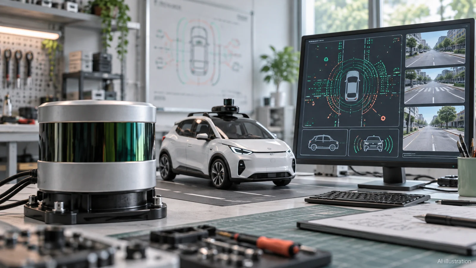 AI illustration of an autonomous-car sensor and a remote monitoring console