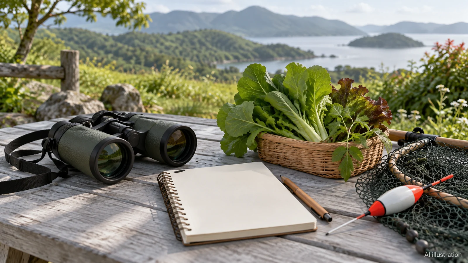 AI illustration of a field notebook, binoculars, vegetables and a fishing net