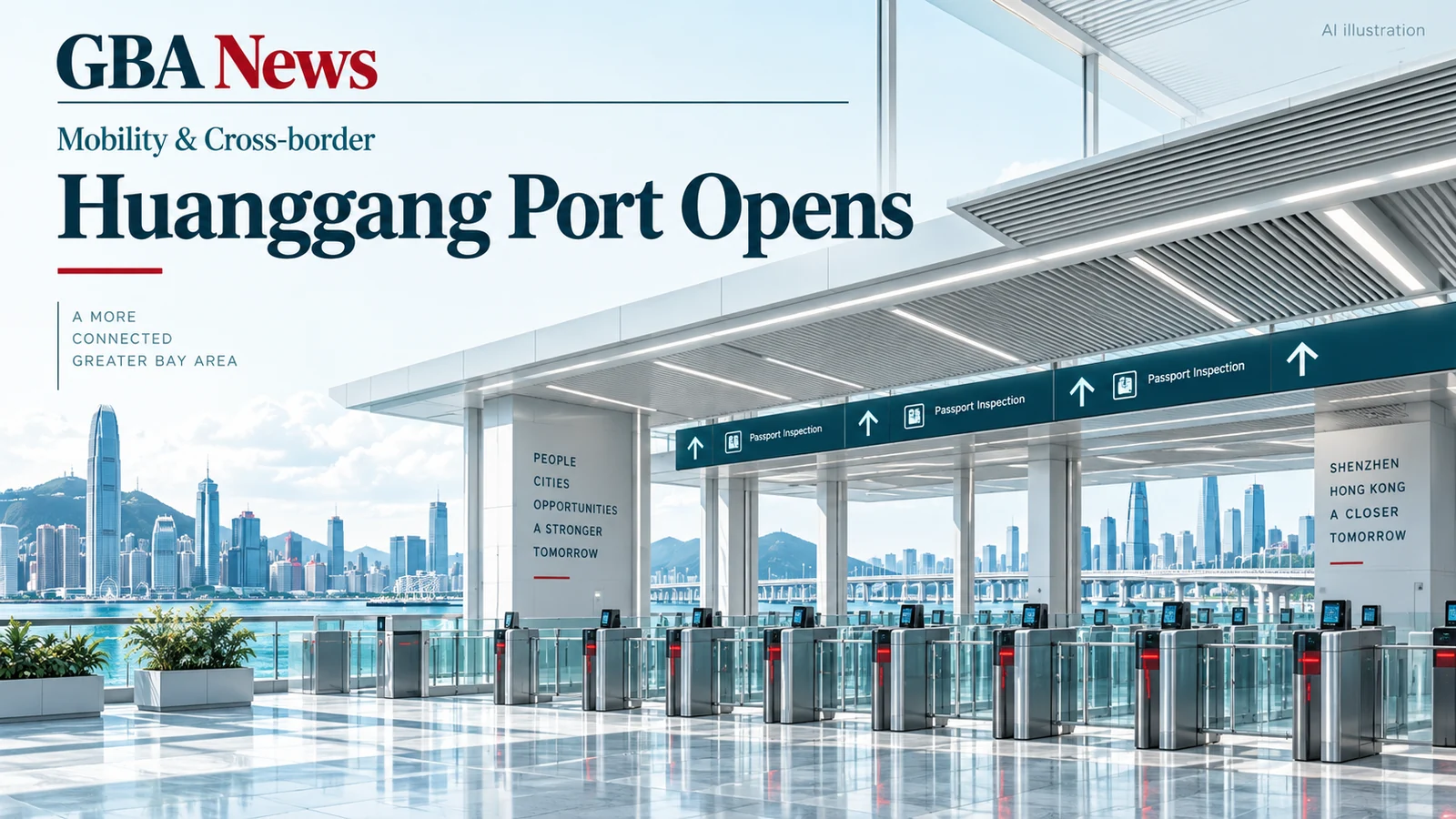 AI illustration of a conceptual cross-border concourse with the headline Huanggang Port Opens, not a photograph of the actual facility.