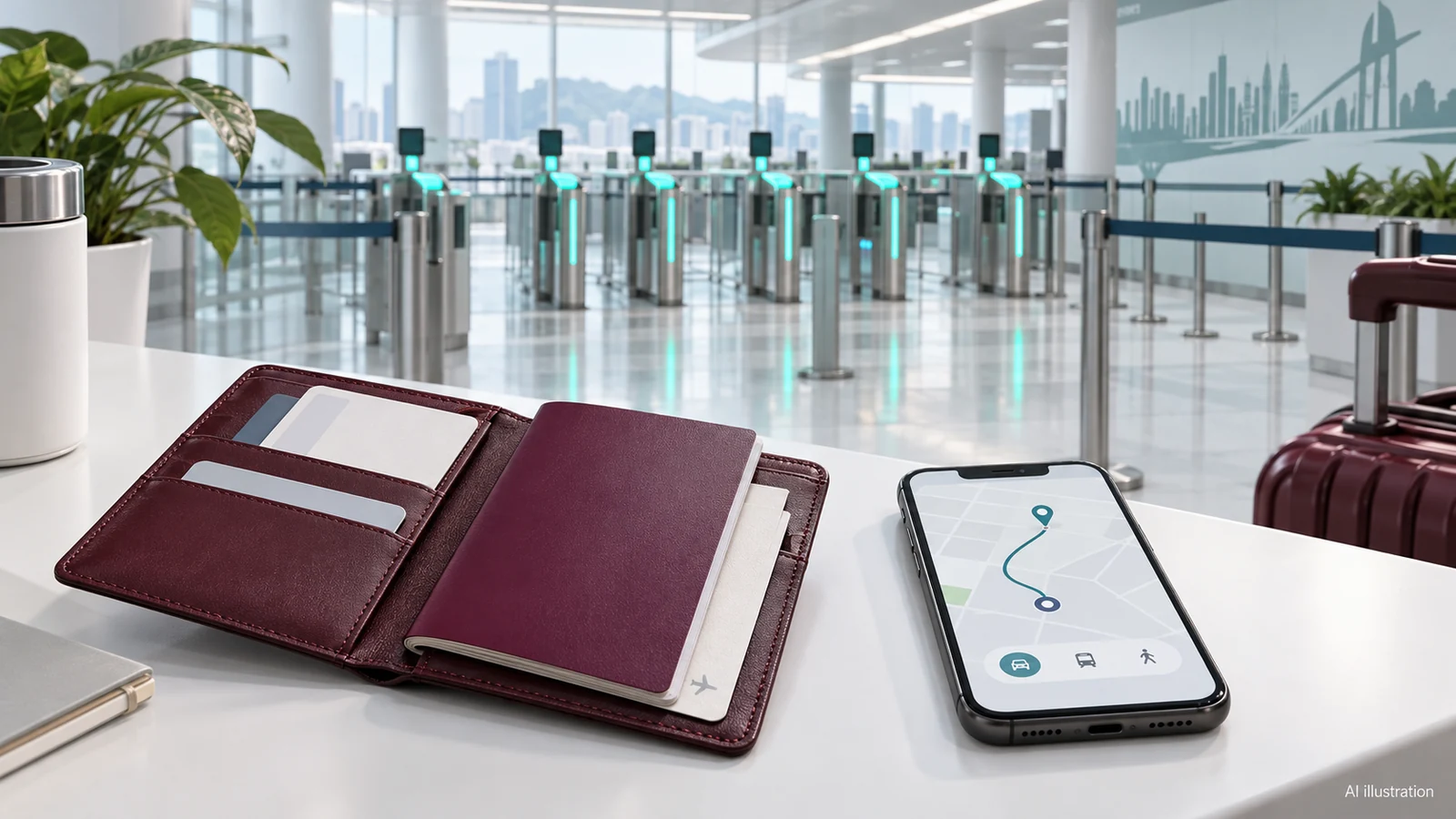 AI illustration of travel documents, a phone and conceptual border gates; not a route map or photograph of Huanggang Port.