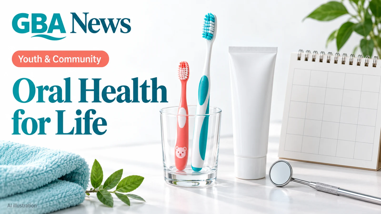 AI illustration of children's and adult toothbrushes, a dental mirror and a blank calendar with the headline Oral Health for Life.