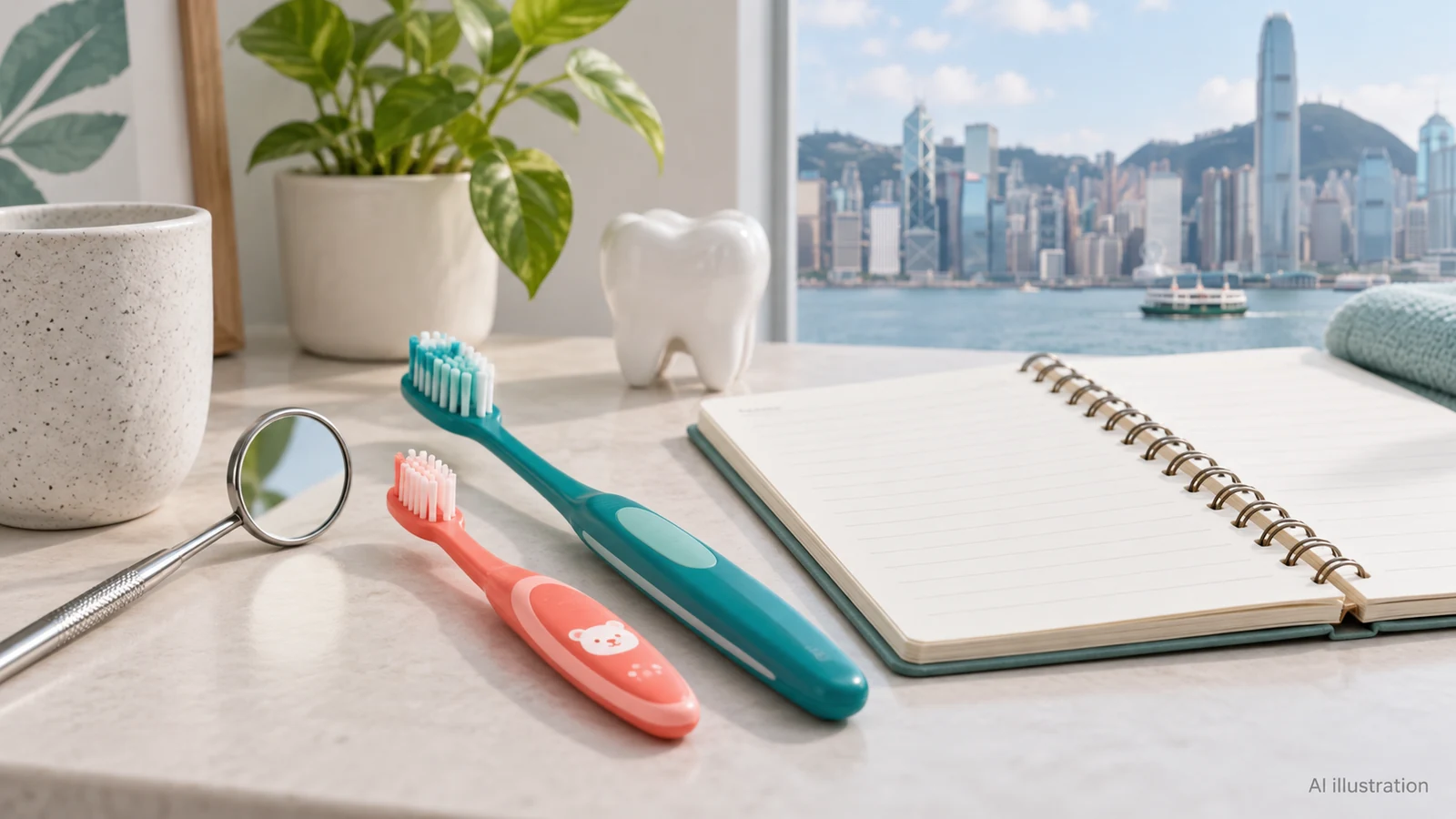 AI illustration of small and adult toothbrushes, a dental mirror and a blank appointment notebook, representing care across life stages.