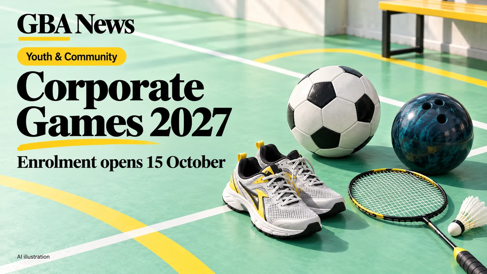 AI illustration of sports equipment for Hong Kong Corporate Games 2027 enrolment