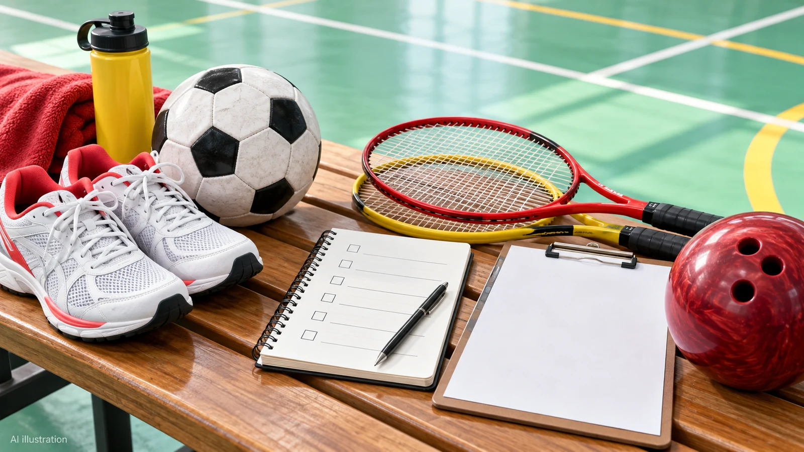 AI-generated illustration of sports equipment and a blank planning checklist on a courtside bench