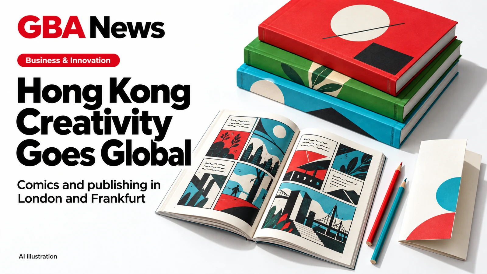 AI editorial illustration of books, comic pages and creative-industry objects for Hong Kong overseas showcases