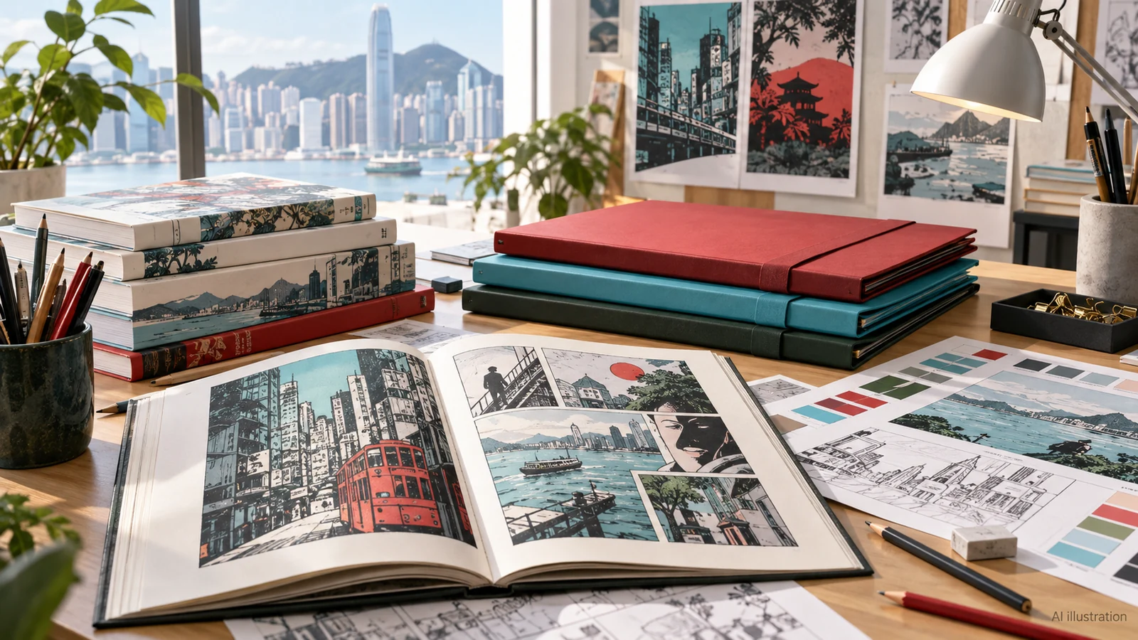 AI-generated illustration of generic books, original abstract comic layouts and stationery on a creative work desk