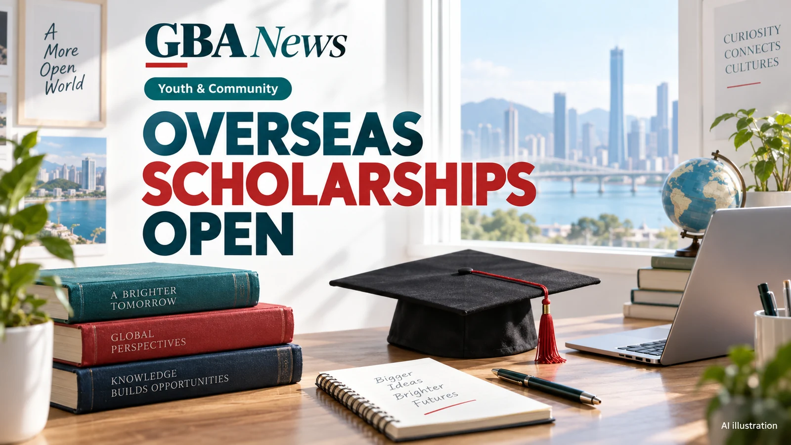 AI illustration of study books and a graduation cap for overseas scholarship applications