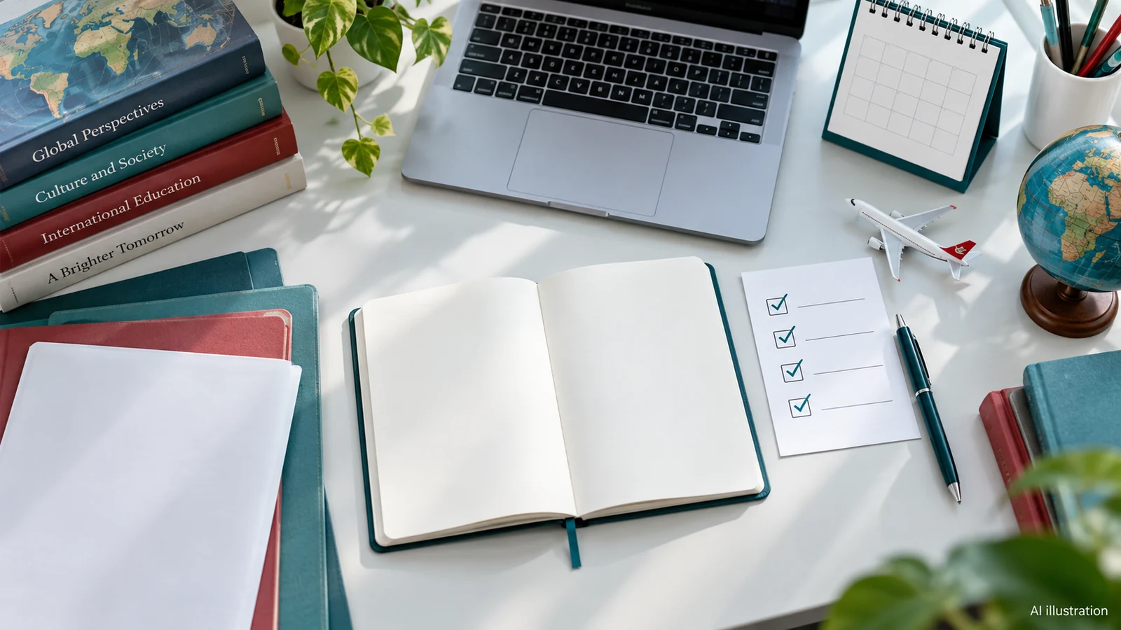 AI-generated illustration of a study-planning desk with a notebook, calendar and unbranded documents
